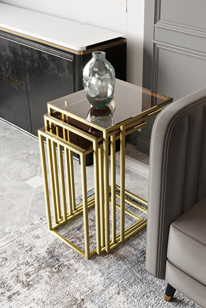 Dekoport Mira Zigon Sehpa Mat Gold Metal - Temperli Bronz Cam