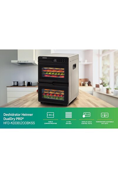 Heinner Uscător de alimente DualDry Pro 1200W, 12 Tăvi, Display LED, Oțel Ino...