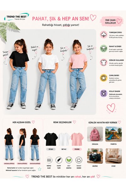 TREND THE BEST Trendin En İyisi Summer Plain Unprinted Girls' Black, White, Pink Colors 3-Piece T-Shirt Set