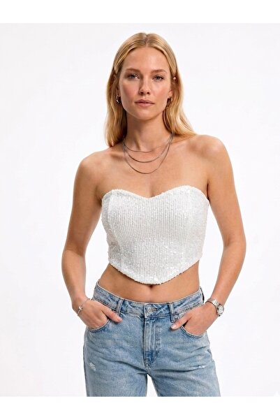 Noxu Atelier Kadın Payetli Kalp Yaka Straplez Büstiyer Crop Top