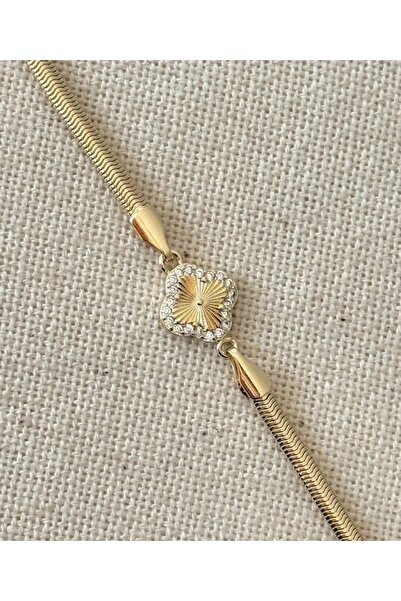 Haziran Accessory, Gold Italian Adjustable Steel Bracelet with Stone Clover F...