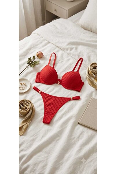WOMEN'S WORLD FANTASY Striped V-Detailed Push up Bra and Panties Set