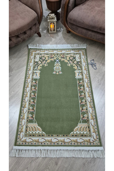 Rugano Home İrfan, Luxury Mihrapli Acrylic Woven Prayer Mat Green Gold Embroi...