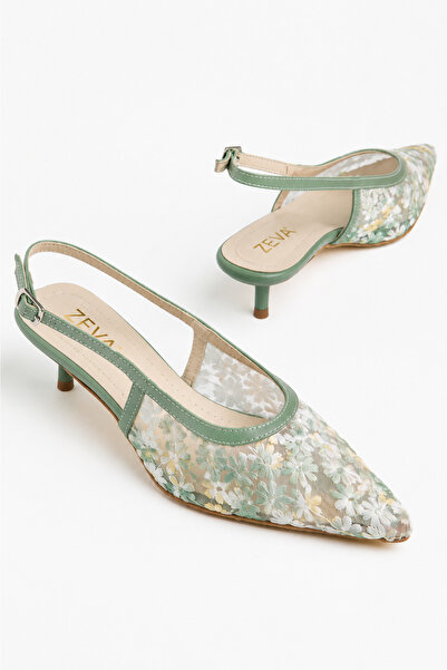 ZEVA COLLECTION ZEVA Kadın Çiçek Desenli Tül İşlemeli Sivri Burun Slingback K...