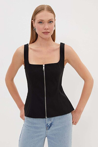 Fulla Moda Zippered Thick Strap Peplum Blouse