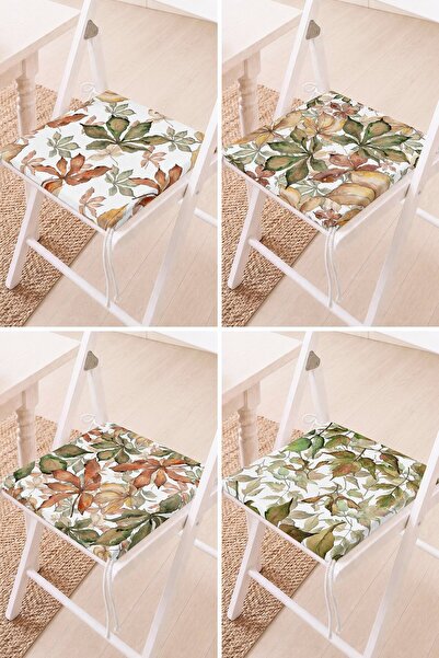 Home Set of 4 Watercolor Floral and Leaf Patterned Lace-Up Chair Cushions Gar...