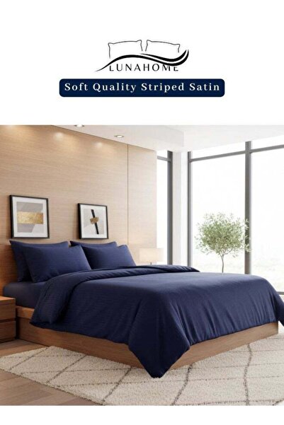 LUNA HOME Satin Striped King Size 6 Piece Bedding Set Without Filling, Dark Blue