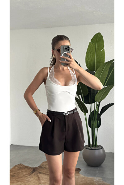 asfamoda Women's Brown Belted High Waist Pleated Shorts – Stylish Office Casu...
