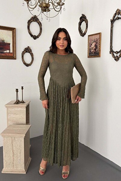 Elbee Fashion Woman فستان دانتيل بأكمام طويلة مبطن باللون الكاكي