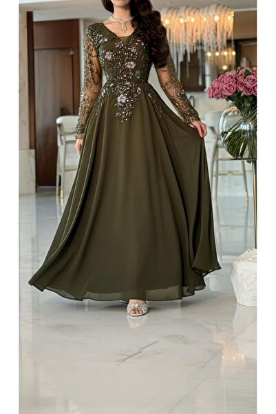 hawaa closet Elegant Dress in Olive Green with Luxurious Floral Embroidery an...