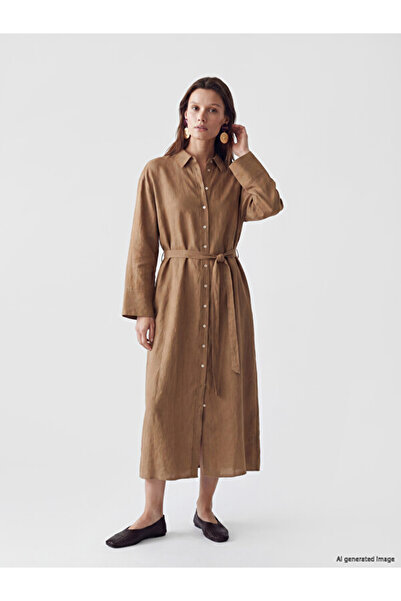 LC Waikiki Rmz Gi̇yi̇m Farki̇yla Belted 100% Linen Shirt Dress