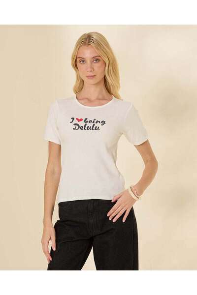 REDTAG Women's Ivory Delulu Graphic Print Rib T-Shirt