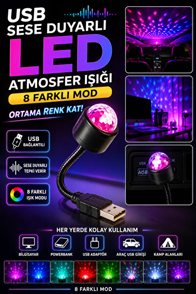 Hane Dostu USB Sese Duyarlı 8 Modlu RGB LED Atmosfer Işığı Araç İçi Ambiyans ...