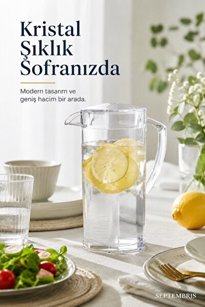 septembris Berrak Kapaklı Sürahi Kristal Görünümlü Buzdolabı Uyumlu Şeffaf Su...