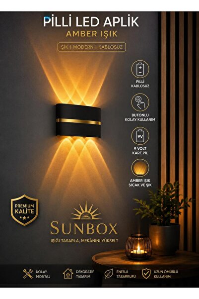 Sunbox Gold Şeritli Pilli Amber LED Duvar Aplik – Kablosuz Modern Aydınlatma