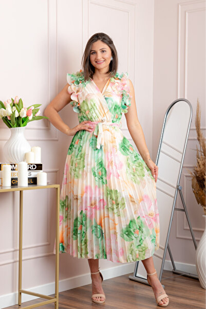 OEM Rochie eleganta plisata Cindy cu imprimeu floral si volane la umeri - Ver...