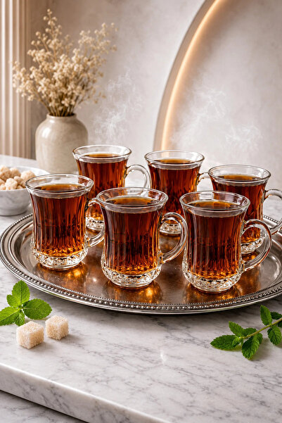 YzHome 6 Lı Cam Kulplu Çizgili Çay Bardağı Bardak 120ml