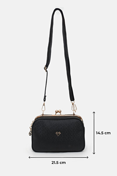 Maslan Bags Women's Black Patterned Clip-On 4-Compartment Lined Soft Leather Hand, Shoulder and Crossbody Bag