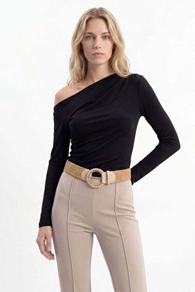 HAKKE Women's Straw Textured Round Buckle Belt