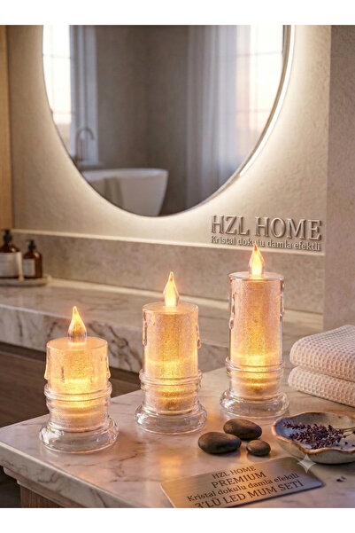 HZL HOME Premium 3'lü LED Mum Seti - Eriyen Mum Görünümlü Kristal Dokulu Daml...
