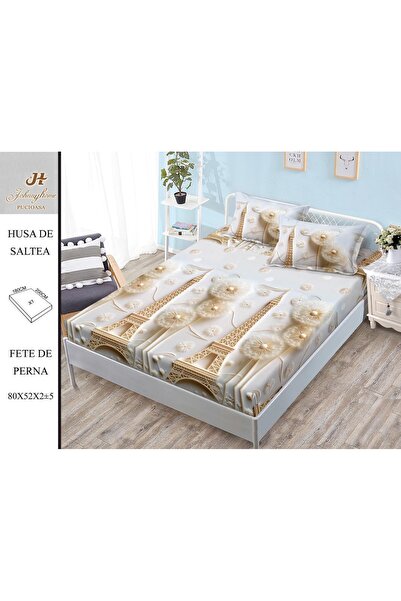 naniland.ro Husă de Pat Bumbac Satinat 2 Persoane 3 Piese Cu Elastic 180x200 cm