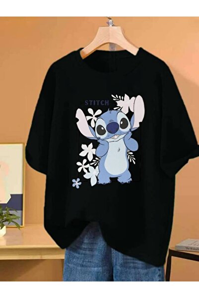 ZAVIXO Kadın Oversize Stitch Baskılı Tişört %100 Pamuk Rahat Kalıp Sevimli Ka...