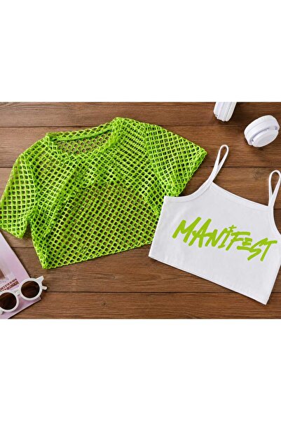 BEBEĞİME ÇORAP Crop Printed Body T-Shirt with Mesh Detail on Top