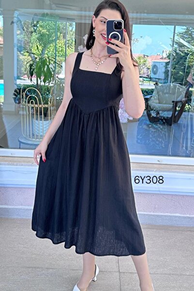 İnce Topuk Square Collar Tencel Muslin Fabric Dress 6Y308
