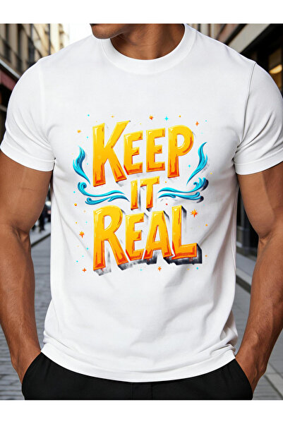 NOURAM تي شيرت رجالي بتصميم ريترو مع طباعة 'Keep It Real' للارتداء الصيفي الع...