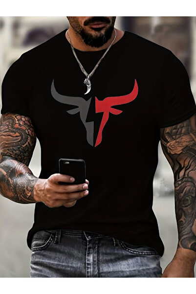 NOURAM Men's Bull Graphic Oversized T-Shirt - Bold Red Black Contrast Design,...