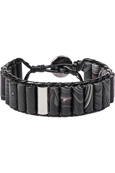 MINZA Matte Spartan Pure 925 Sterling Silver, Agate Stone & Leather Beaded Br...