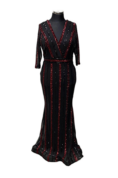 Daxe Textile Linear Sequin Embroidered V-Neck Evening Dress