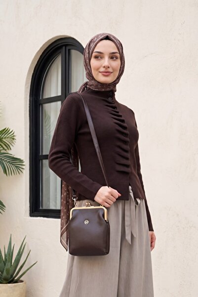 Modamorfo Ruffled Front Buttoned High Neck Knitwear Cardigan - Dark Brown