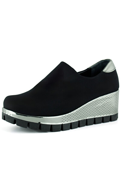 Erkan Saçmacı Nikki Black Silver Stretch Genuine Calfskin Leather Wedge Heele...
