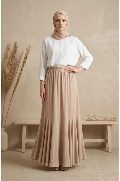 sefamerve Bürümcük Fabric Elastic Waist Gathered Skirt 0561-09 Beige