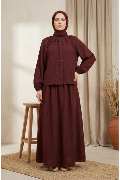 sefamerve Hakim Collar Buttoned Hijab Double Set 2284-04 Brown