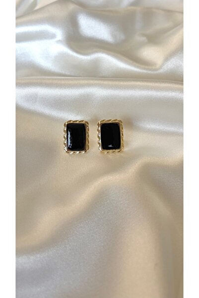 Eylülün Takısı Woman's gold detailed black color square earrings