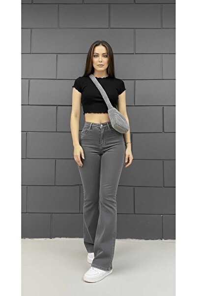 Lighter Jeans Kadın Gri Yüksek Bel Likralı/Esnek İspanyol Paça Pantolon