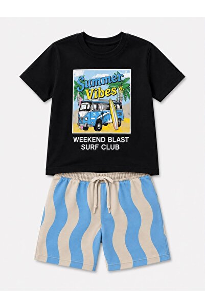 YİGİT BUTİK Boys' Summer Vibes Printed Black T-Shirt and Summer Shorts Set