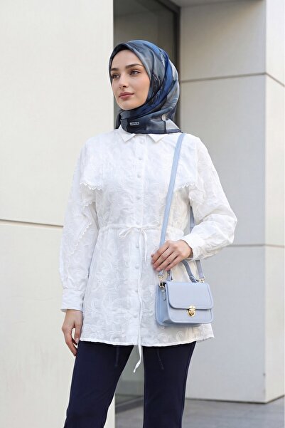 Modamorfo Lace Detailed Embroidered Waist Tie Lined Thin Linen Tunic -White