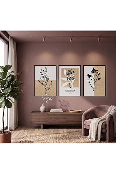 KOLAJTASARIM Set of 3 Black Wooden Framed Paintings — Minimalist Jardin Plant...