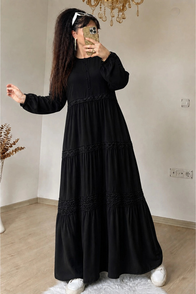 AZRA BUTİK Magnolia Pattern Lace Detailed Dress Black