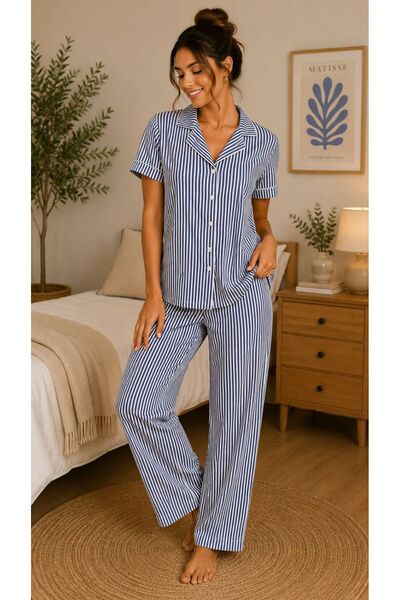 BALİS PİJAMA Short-Sleeved, Full-Buttoned Shirt with a Stylish Patterned Coll...