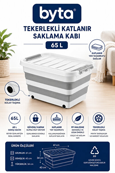 BYTA 65 Liter Folding Storage Container with Wheels Multi-Purpose Organizing ...