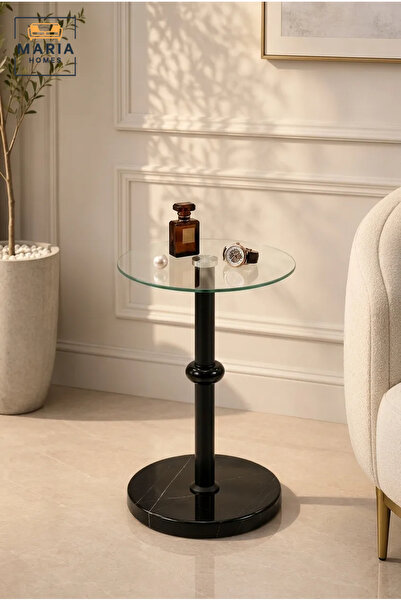 MARIA HOMES Modern Glass Side Table with Black Marble-Effect Base and Metal P...