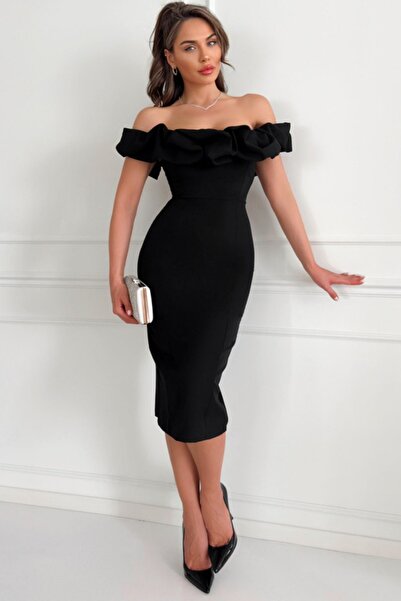 aura7 collection Women's Off Shoulder Madonna Collar Black Pencil Dress