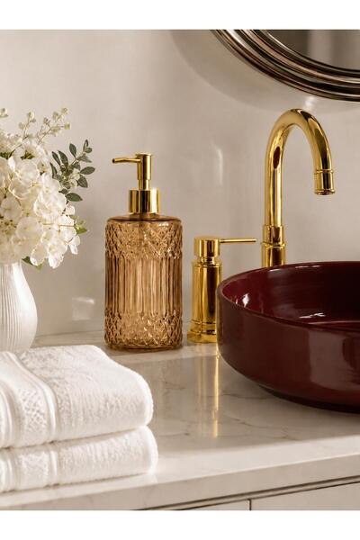 R-EYLA R’EYLA Bathroom Ciel Cam Sıvı Sabunluk 350 ML Gold Pompalı Dekoratif B...