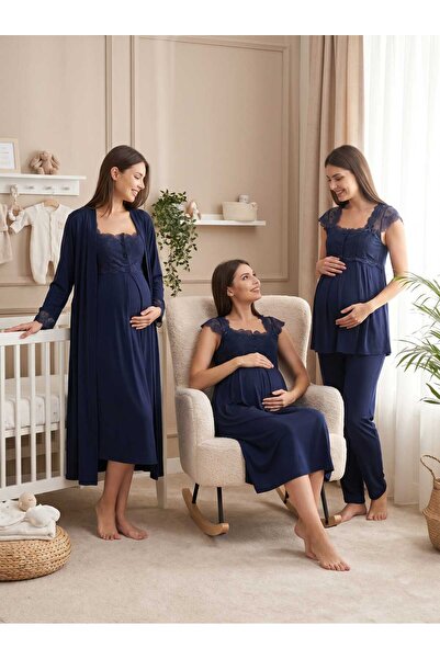 Lohussa New Season Navy Blue Wide Strap Elegant Lace Detailed Design Buttoned...