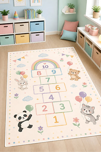 PINKIE HOME Özel İsimli Dijital Kaymaz Yıkanabilir Pembe Seksekli Çocuk Halıs...