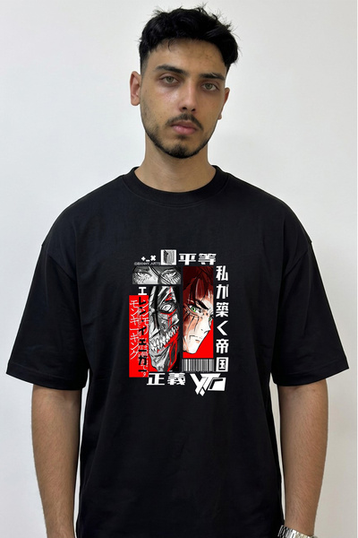 Anetos Eren Yeager Titan_1 Design Printed Oversize Black T-Shirt